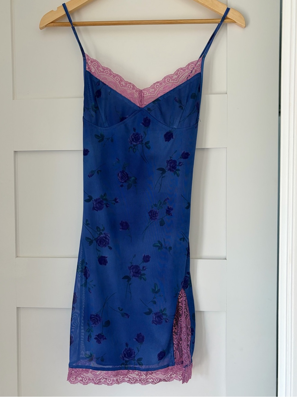 Motel Rocks Blue Floral Slip Dress with Pink Lace Trim